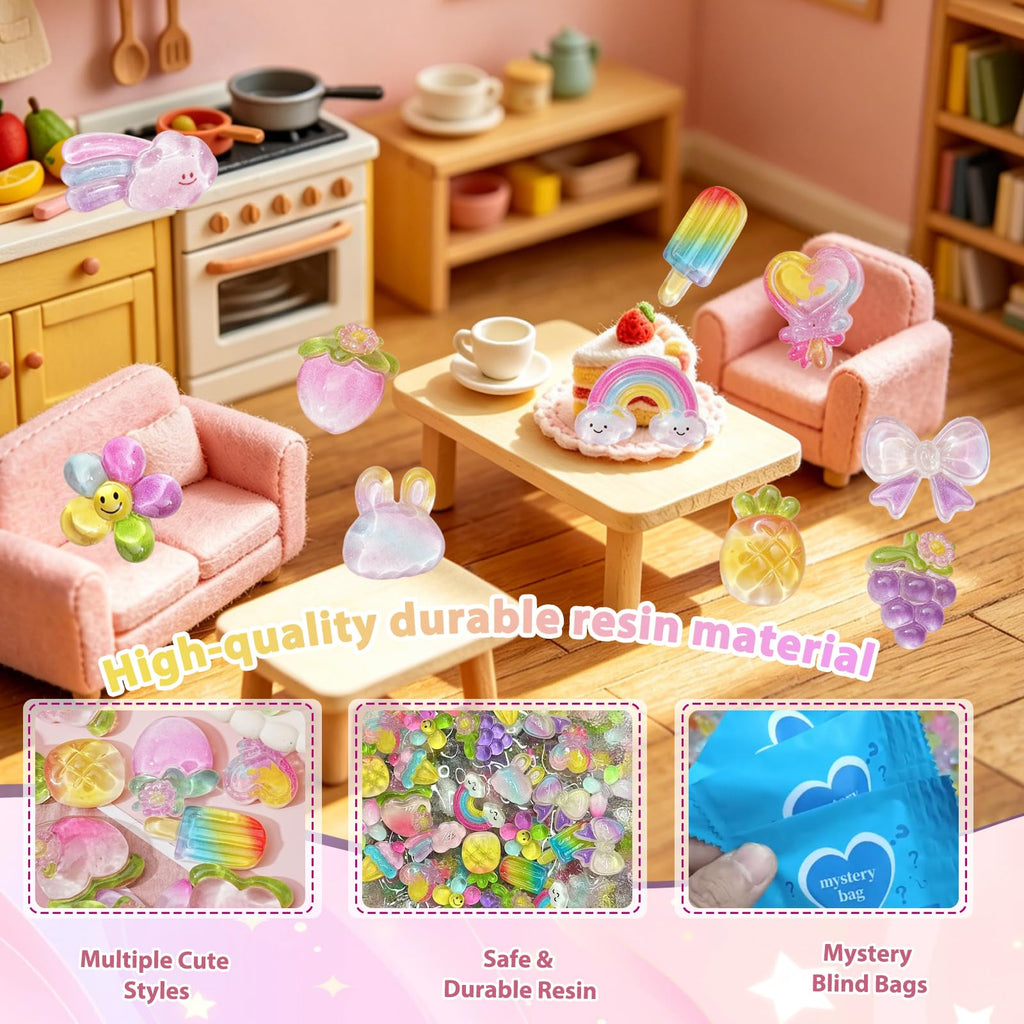 CIYOJA 50pc Rainbow Mystery Blind Bag Set - Colorful Mini Resin Charms & Mini Figures for DIY Slime, Dollhouse, Party Favors