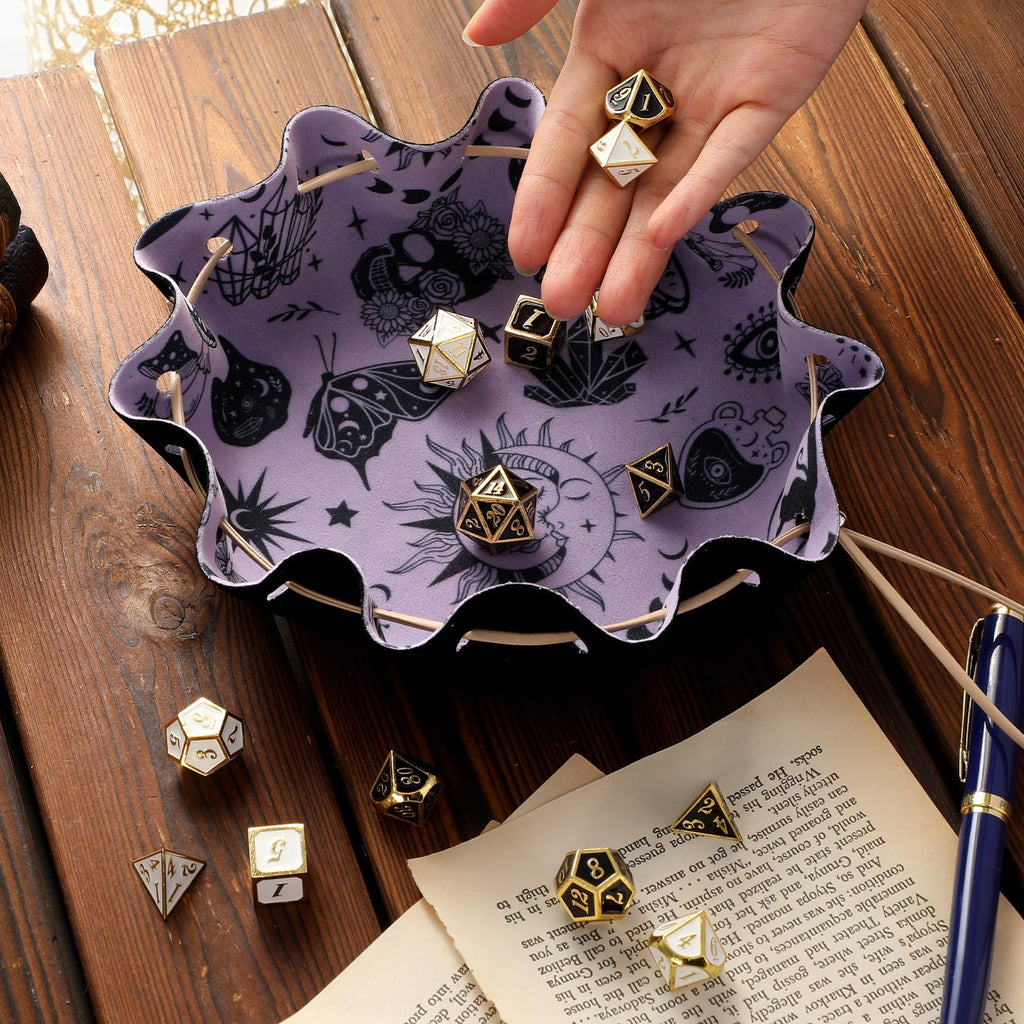 CiyvoLyeen Black Drawstring Dice Bag with Velvet Tray – 9.7-Inch Foldable Round Tray for D&D and Tabletop RPGs