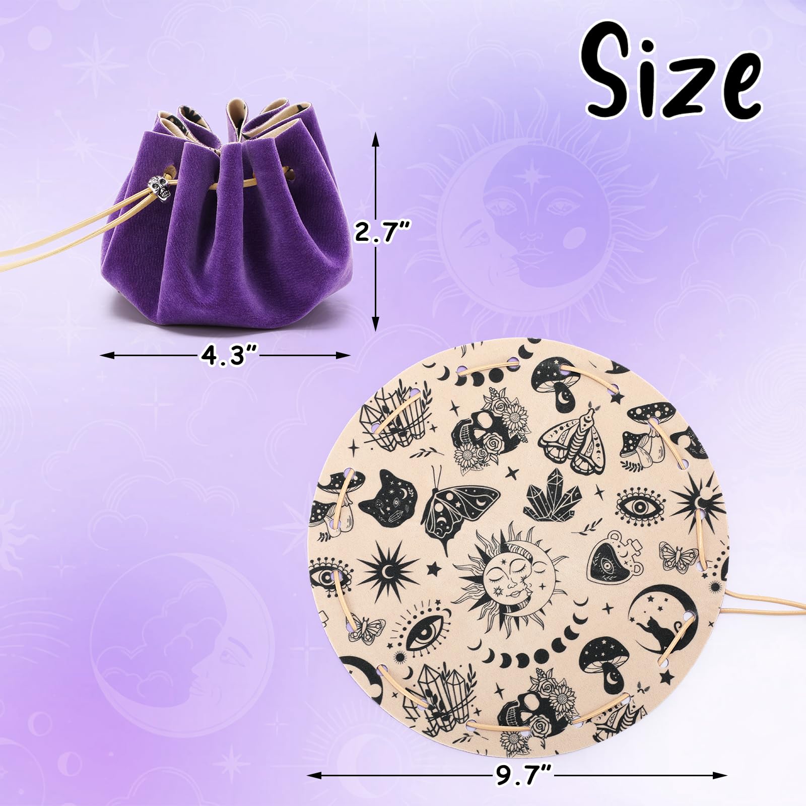 CiyvoLyeen Purple Drawstring Bag & Felt Dice Tray – Mystical Patterns for RPG & Tabletop Gaming