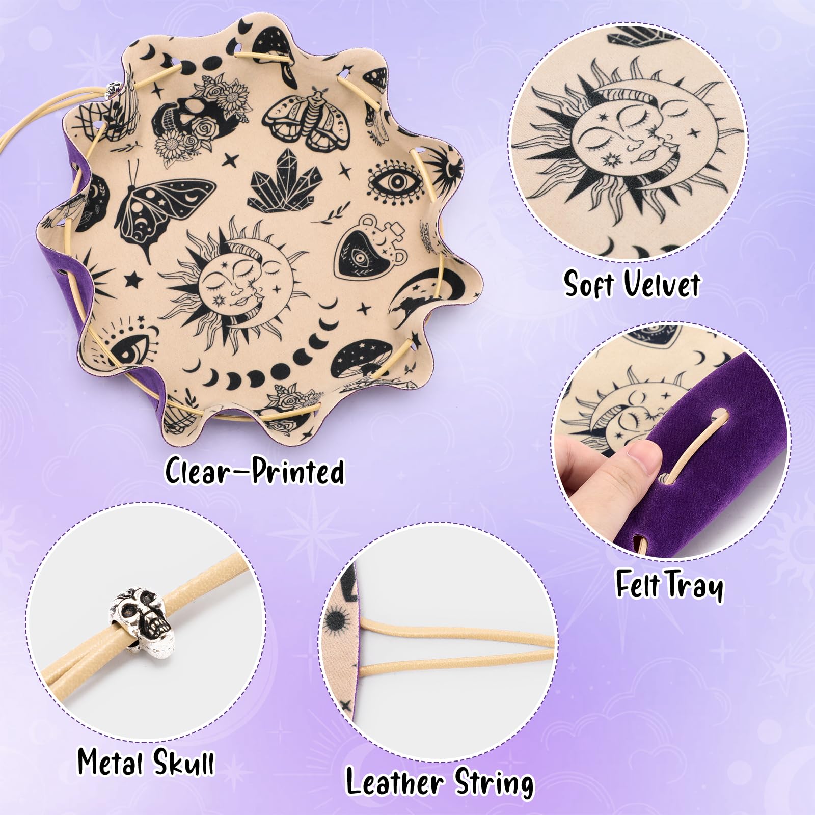 CiyvoLyeen Purple Drawstring Bag & Felt Dice Tray – Mystical Patterns for RPG & Tabletop Gaming