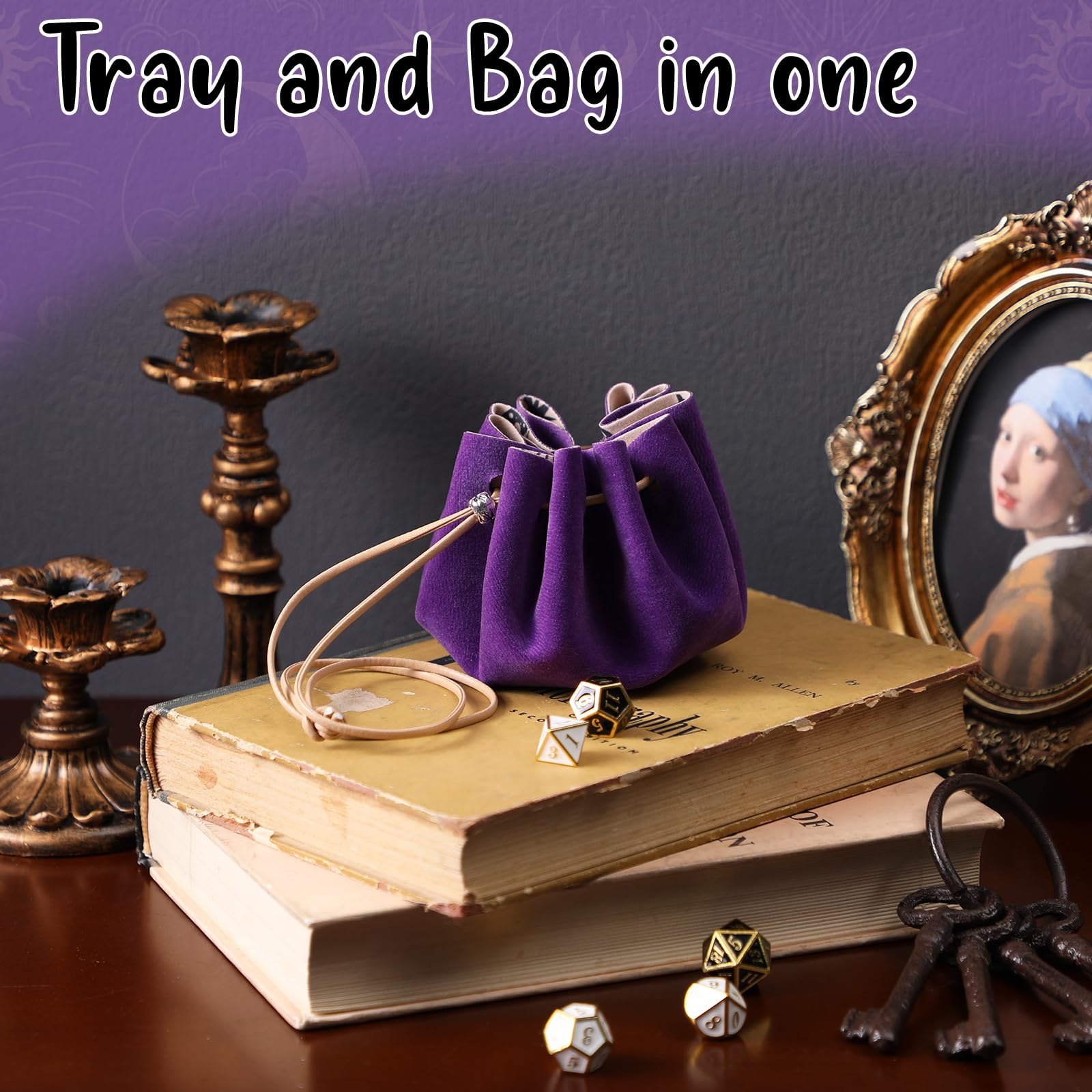 CiyvoLyeen Purple Drawstring Bag & Felt Dice Tray – Mystical Patterns for RPG & Tabletop Gaming