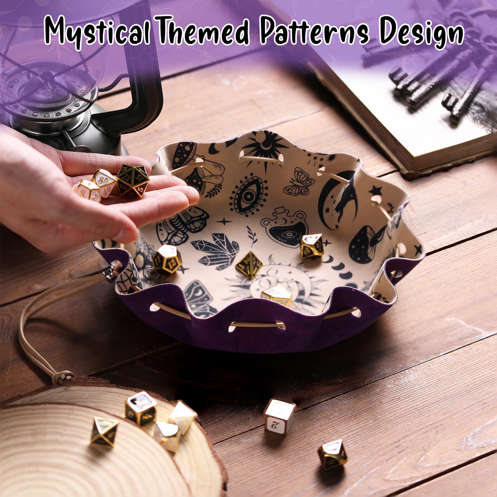 CiyvoLyeen Purple Drawstring Bag & Felt Dice Tray – Mystical Patterns for RPG & Tabletop Gaming
