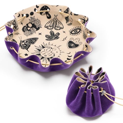 CiyvoLyeen Purple Drawstring Bag & Felt Dice Tray – Mystical Patterns for RPG & Tabletop Gaming