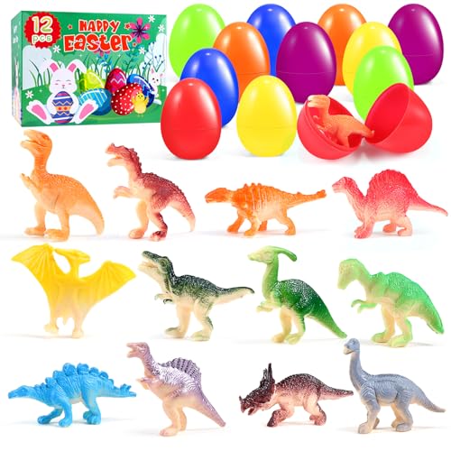 CLAPET 12 Prefilled Easter Eggs with Dinosaur Toys – Easter Basket Stuffers for Kids 3-8