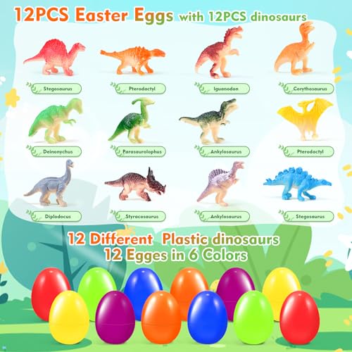 CLAPET 12 Prefilled Easter Eggs with Dinosaur Toys – Easter Basket Stuffers for Kids 3-8