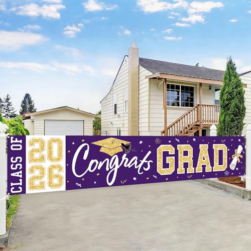 Class of 2026 Graduation Banner - Large Purple Gold Congrats Grad Yard Sign for Party Decorations