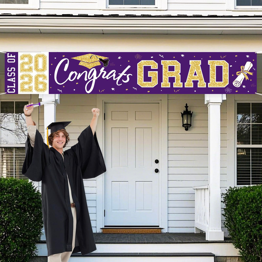 Class of 2026 Graduation Banner - Large Purple Gold Congrats Grad Yard Sign for Party Decorations
