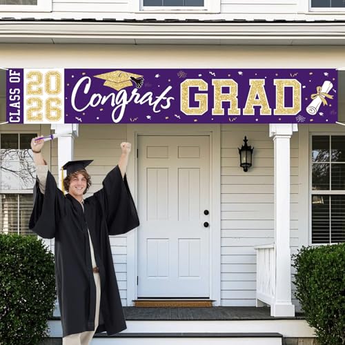 Class of 2026 Graduation Banner - Large Purple Gold Congrats Grad Yard Sign for Party Decorations