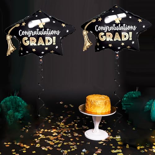 Class of 2026 Graduation Cap Foil Balloons – 2 Pack Large Black with Automatic Sealing