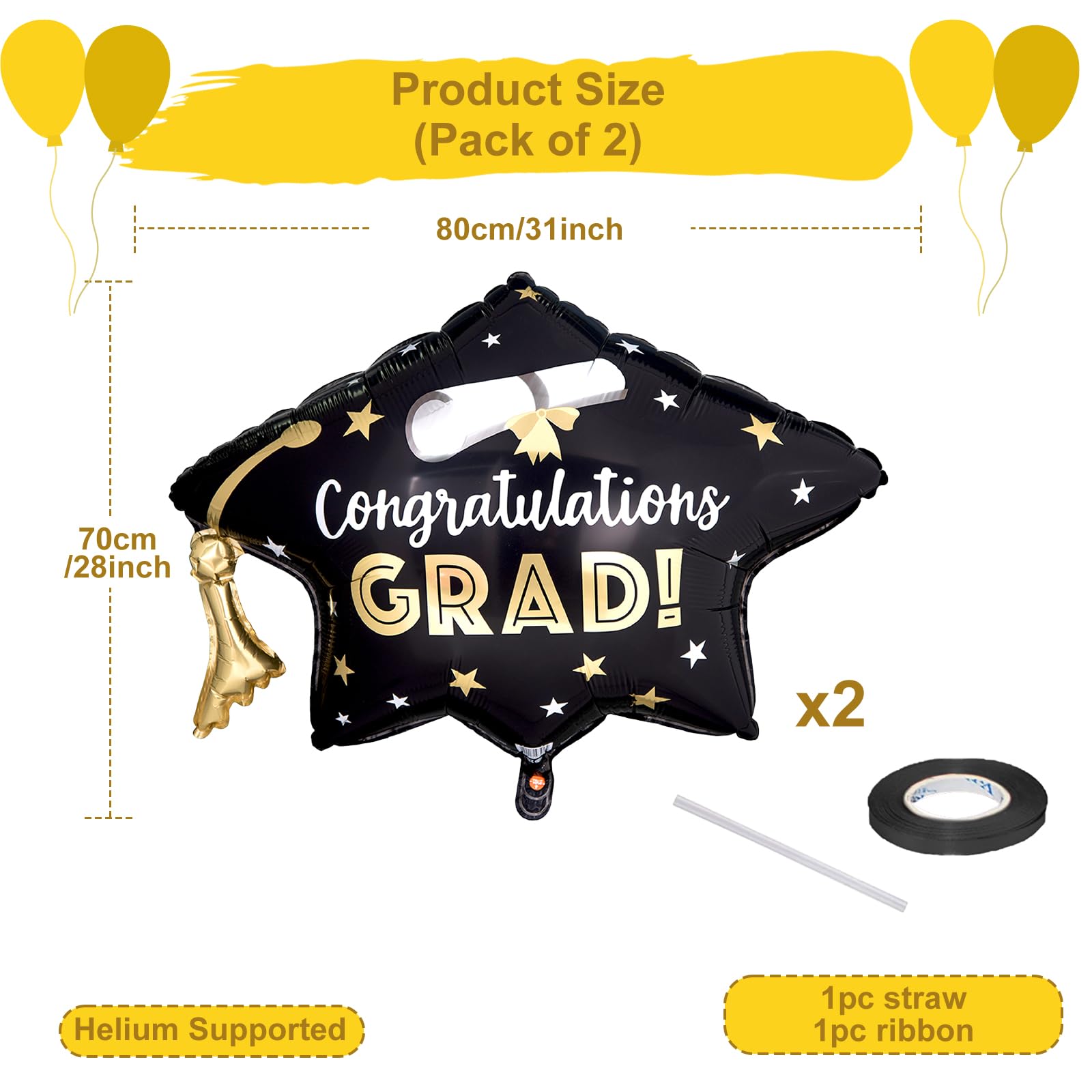 Class of 2026 Graduation Cap Foil Balloons – 2 Pack Large Black with Automatic Sealing
