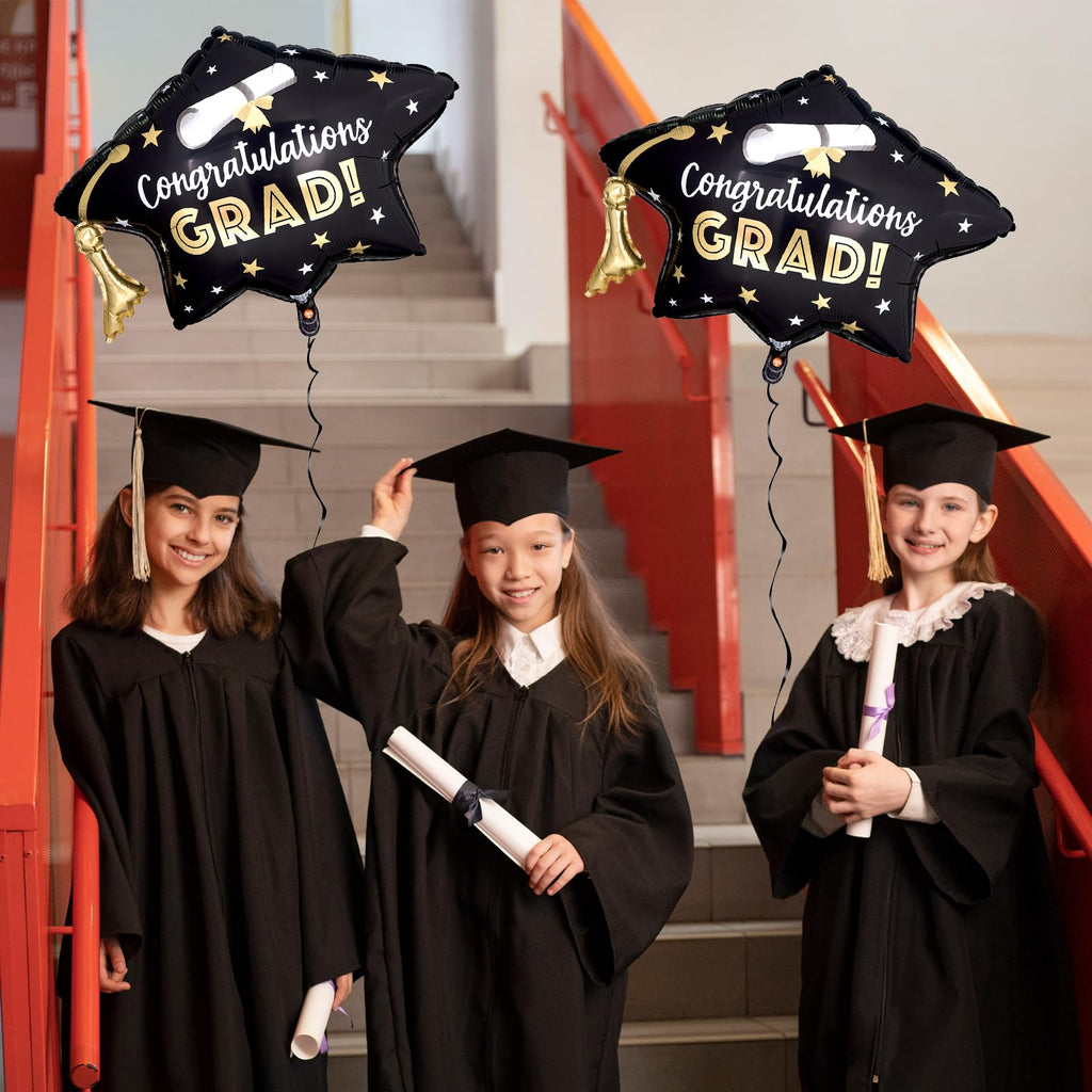 Class of 2026 Graduation Cap Foil Balloons – 2 Pack Large Black with Automatic Sealing