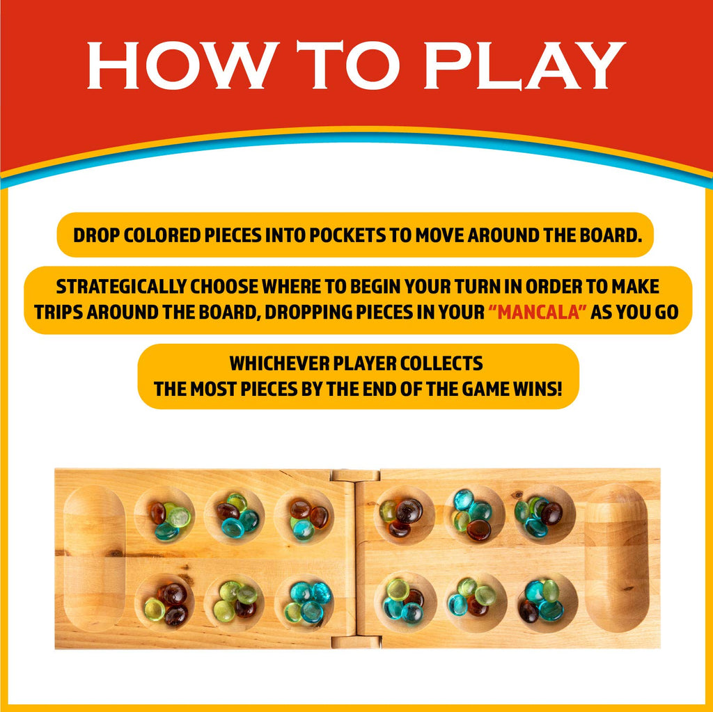 Classic Mancala Board Game – Birch Wood with 48 Glass Stones, for 2 Players Ages 7+