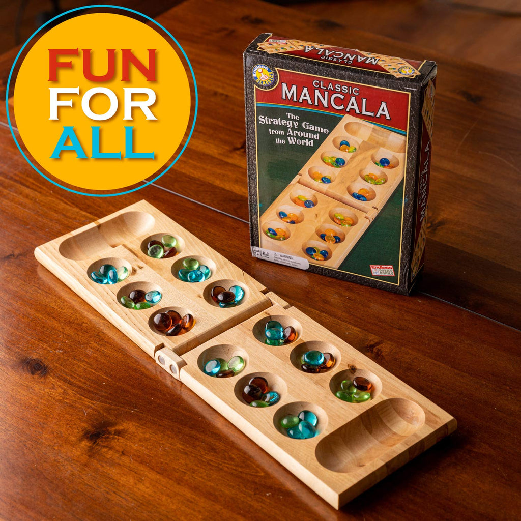 Classic Mancala Board Game – Birch Wood with 48 Glass Stones, for 2 Players Ages 7+