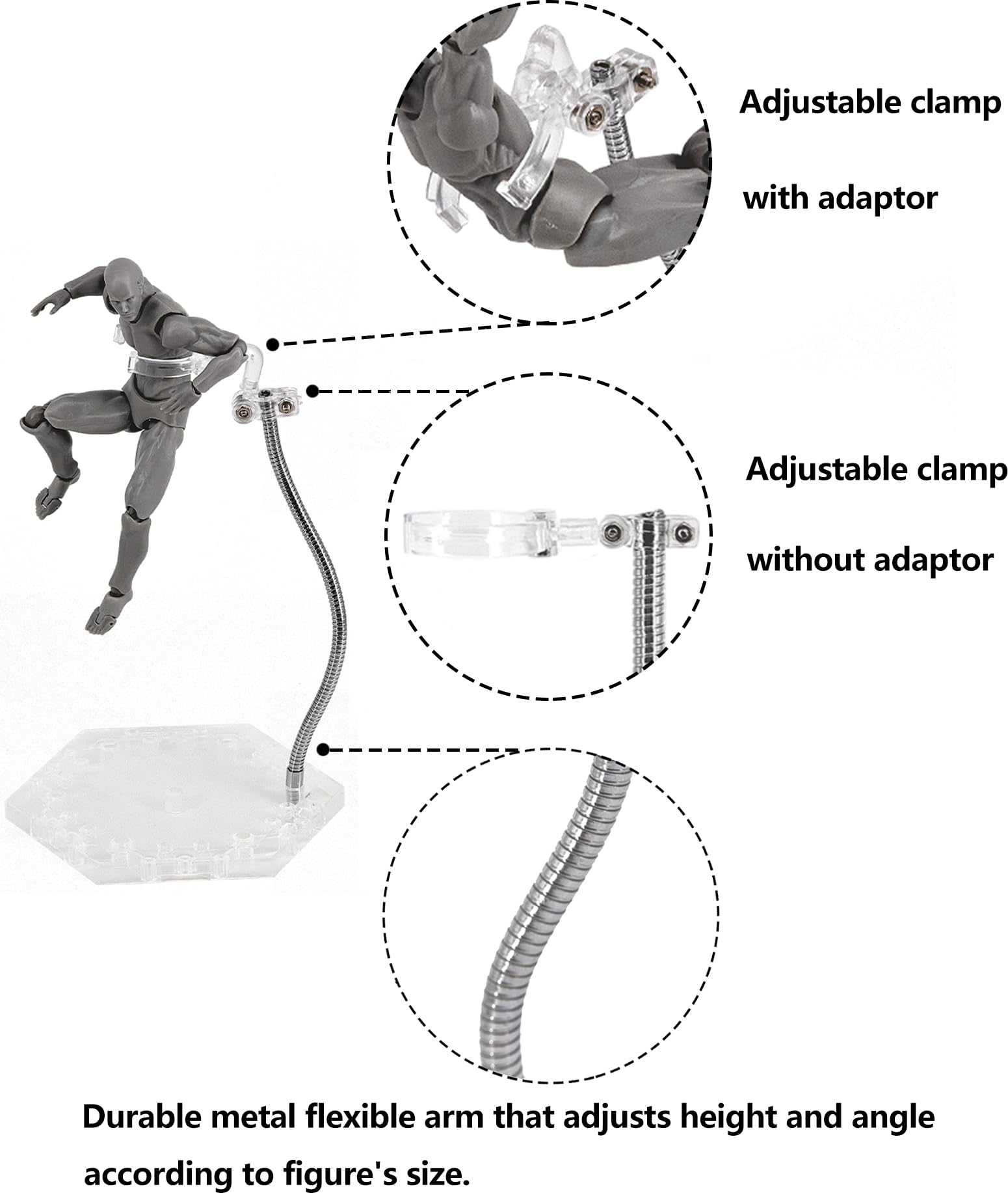 Clear Action Figure Display Stands with Adjustable Metal Support Arm - 2 Pack for 6-Inch Figures, Gundam 1/144, S.H.Figuarts