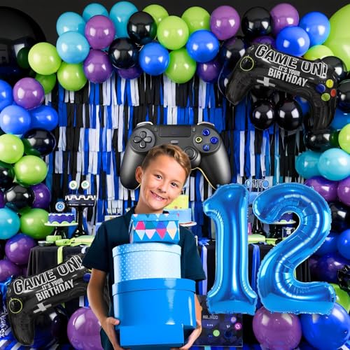 Cledeco 12th Birthday Video Game Balloons Arch Kit – 106-Piece Party Garland with Blue Number 12 Foil Balloon