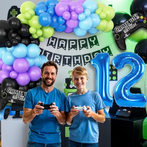 Cledeco 12th Birthday Video Game Balloons Arch Kit – 106-Piece Party Garland with Blue Number 12 Foil Balloon