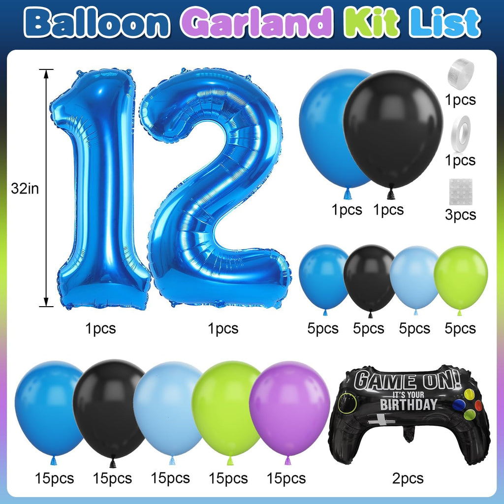 Cledeco 12th Birthday Video Game Balloons Arch Kit – 106-Piece Party Garland with Blue Number 12 Foil Balloon