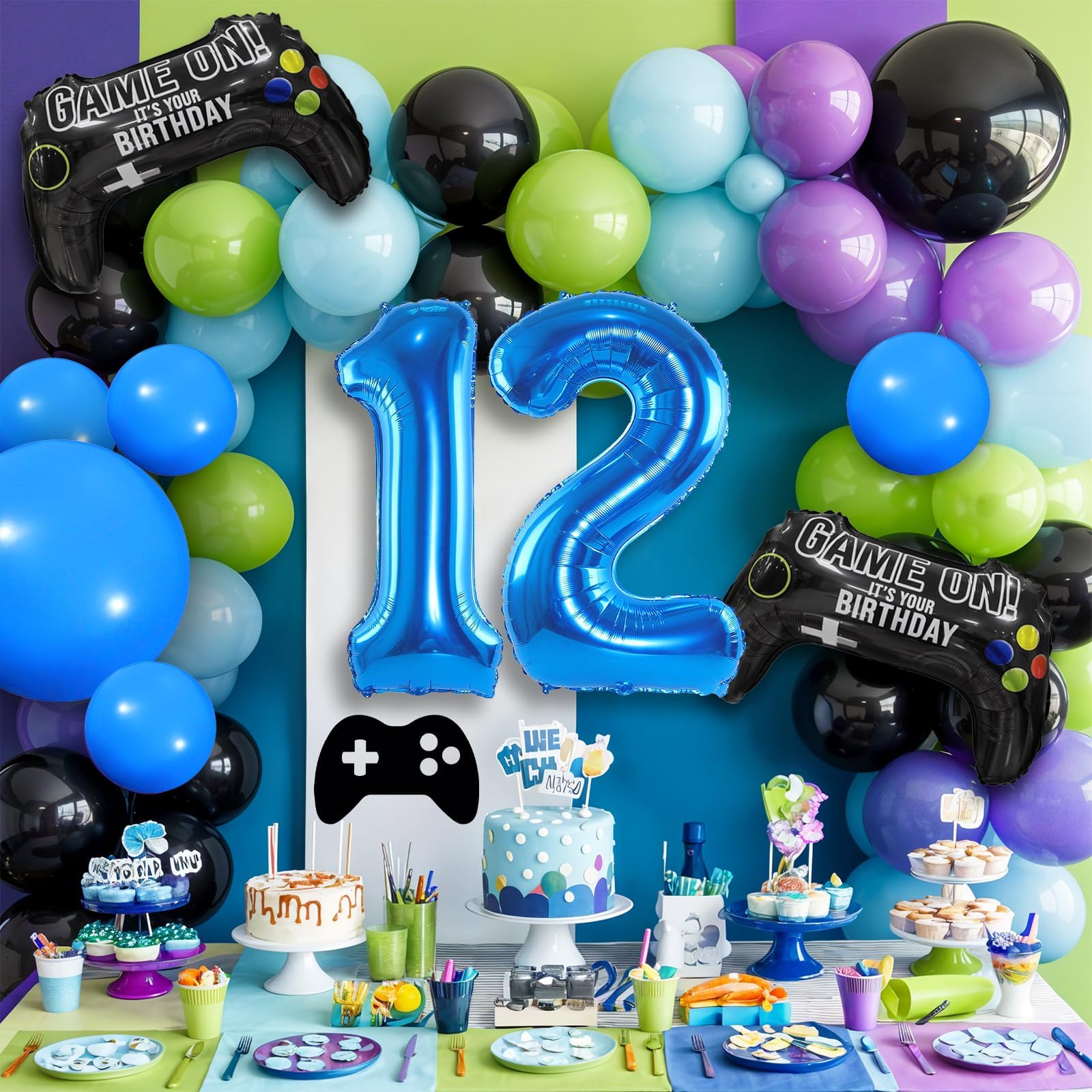 Cledeco 12th Birthday Video Game Balloons Arch Kit – 106-Piece Party Garland with Blue Number 12 Foil Balloon