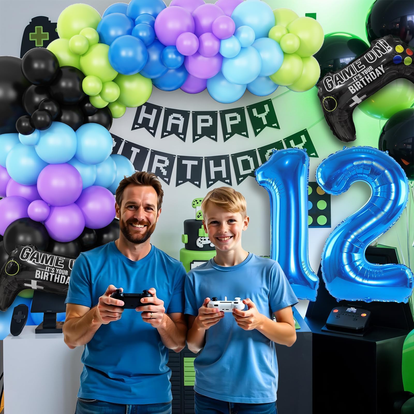 Cledeco 12th Birthday Video Game Balloons Arch Kit – 106-Piece Party Garland with Blue Number 12 Foil Balloon