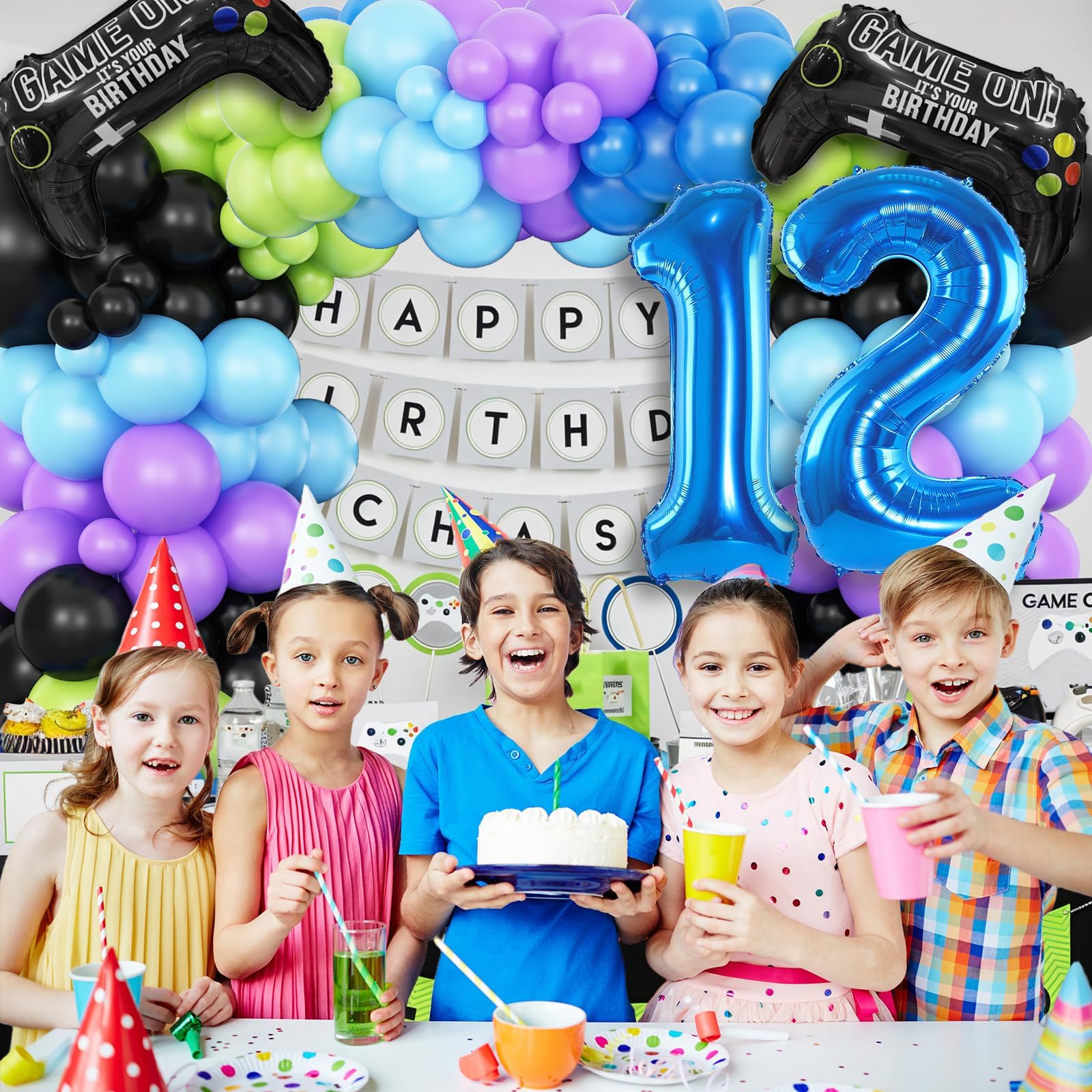 Cledeco 12th Birthday Video Game Balloons Arch Kit – 106-Piece Party Garland with Blue Number 12 Foil Balloon