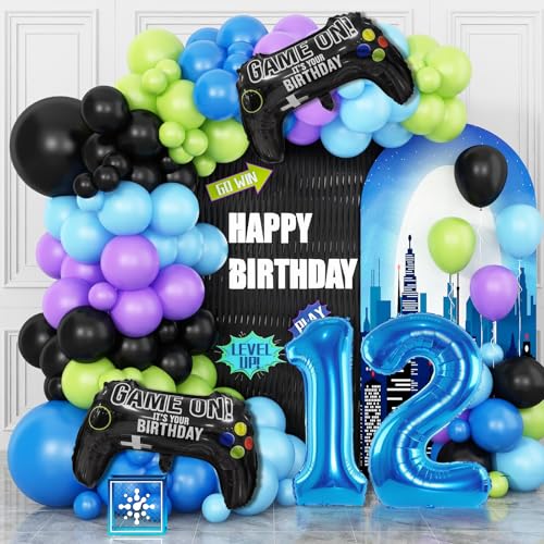 Cledeco 12th Birthday Video Game Balloons Arch Kit – 106-Piece Party Garland with Blue Number 12 Foil Balloon