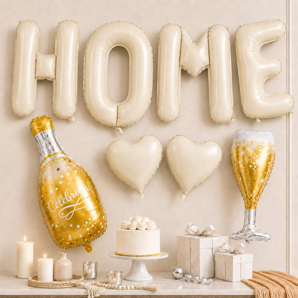 Cledeco 40-Inch Beige HOME Letter Balloons – Housewarming Decor Set with Champagne Bottle & Heart Balloons