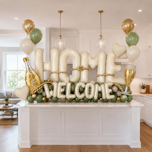 Cledeco 40-Inch Beige HOME Letter Balloons – Housewarming Decor Set with Champagne Bottle & Heart Balloons