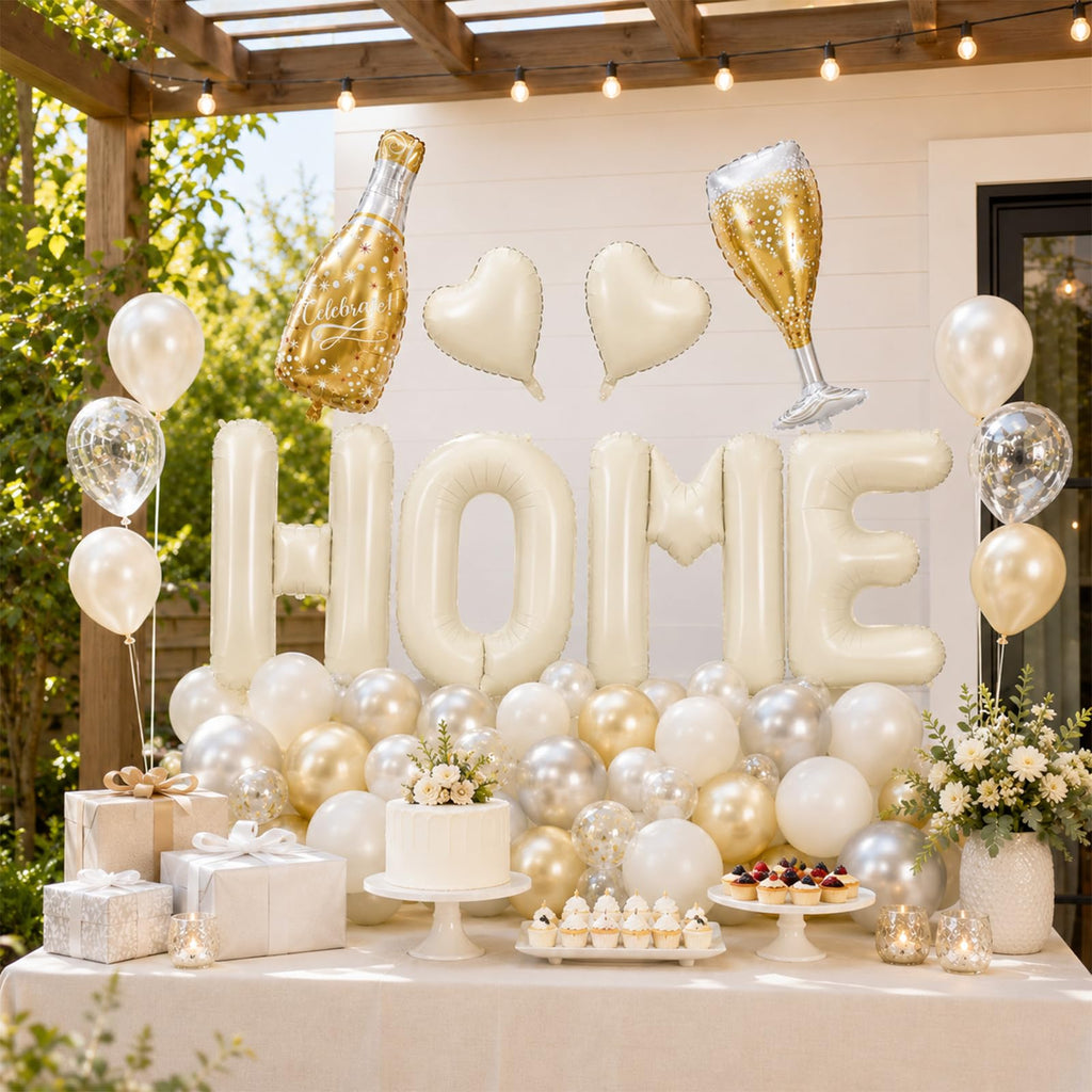 Cledeco 40-Inch Beige HOME Letter Balloons – Housewarming Decor Set with Champagne Bottle & Heart Balloons