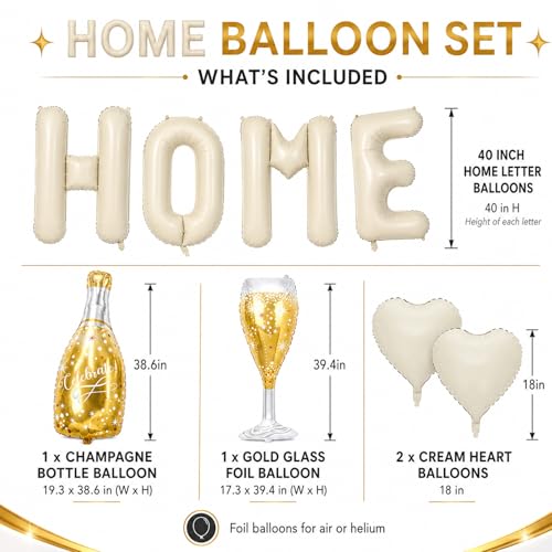 Cledeco 40-Inch Beige HOME Letter Balloons – Housewarming Decor Set with Champagne Bottle & Heart Balloons