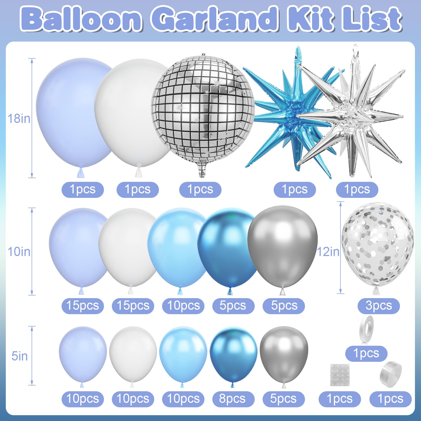 Cledeco Blue White Silver Balloon Arch Garland Kit with Disco Ball and Star Foil Balloons for Disco Birthday and Graduation Parties