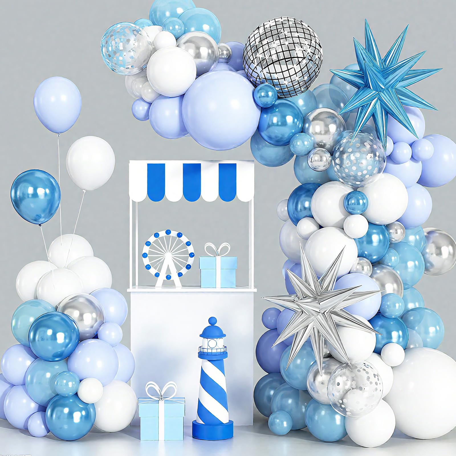 Cledeco Blue White Silver Balloon Arch Garland Kit with Disco Ball and Star Foil Balloons for Disco Birthday and Graduation Parties