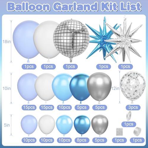 Cledeco Blue White Silver Balloon Arch Garland Kit with Disco Ball and Star Foil Balloons for Disco Birthday and Graduation Parties