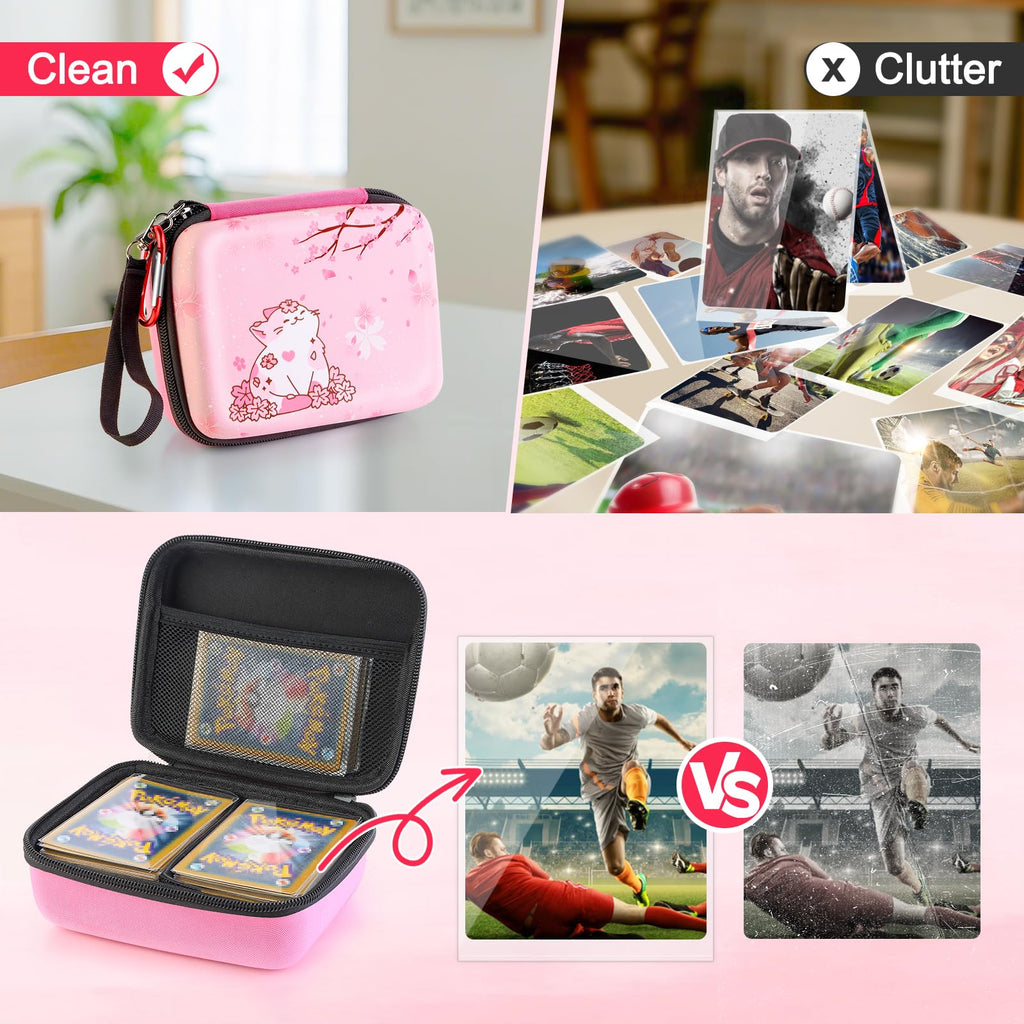 CLOKORIA Pink Trading Card Carrying Case – Holds 400+ Cards, with 200 Sleeves, Sakura Cat Design