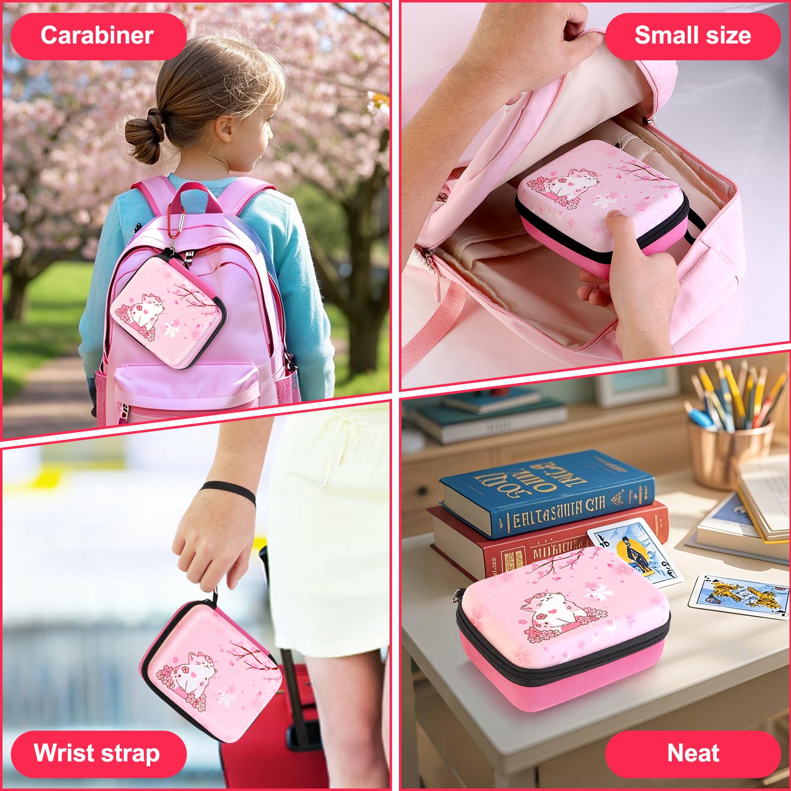 CLOKORIA Pink Trading Card Carrying Case – Holds 400+ Cards, with 200 Sleeves, Sakura Cat Design