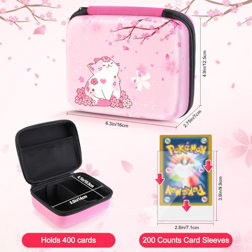 CLOKORIA Pink Trading Card Carrying Case – Holds 400+ Cards, with 200 Sleeves, Sakura Cat Design