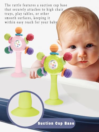 CNBESTFASHION Baby Rattle and Teether Toy for 0-18 Months – Food-Grade Silicone Suction Cup Teething Toy with Bell, Pink