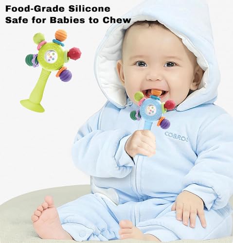 CNBESTFASHION Baby Rattle and Teether Toy for 0-18 Months – Food-Grade Silicone Suction Cup Teething Toy with Bell, Pink