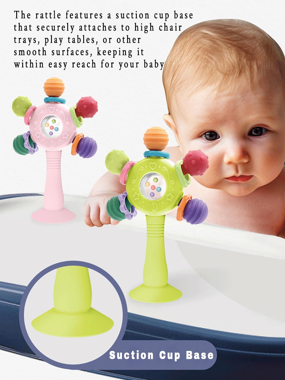 CNBESTFASHION Baby Rattle and Teether Toy for 0-18 Months – Food-Grade Silicone Suction Cup Teething Toy with Bell, Pink