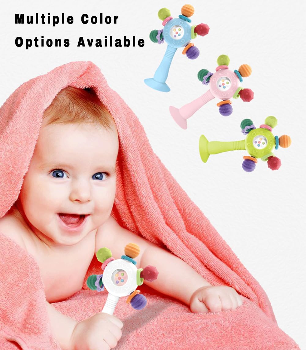 CNBESTFASHION Baby Rattle and Teether Toy for 0-18 Months – Food-Grade Silicone Suction Cup Teething Toy with Bell, Pink