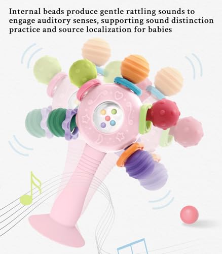 CNBESTFASHION Baby Teether Rattle Toy - 2-in-1 Food Grade Silicone with Suction Cup, Montessori Sensory Toy for 0-12 Months (Blue)