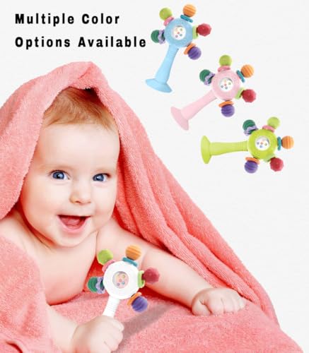 CNBESTFASHION Baby Teether Rattle Toy - 2-in-1 Food Grade Silicone with Suction Cup, Montessori Sensory Toy for 0-12 Months (Blue)