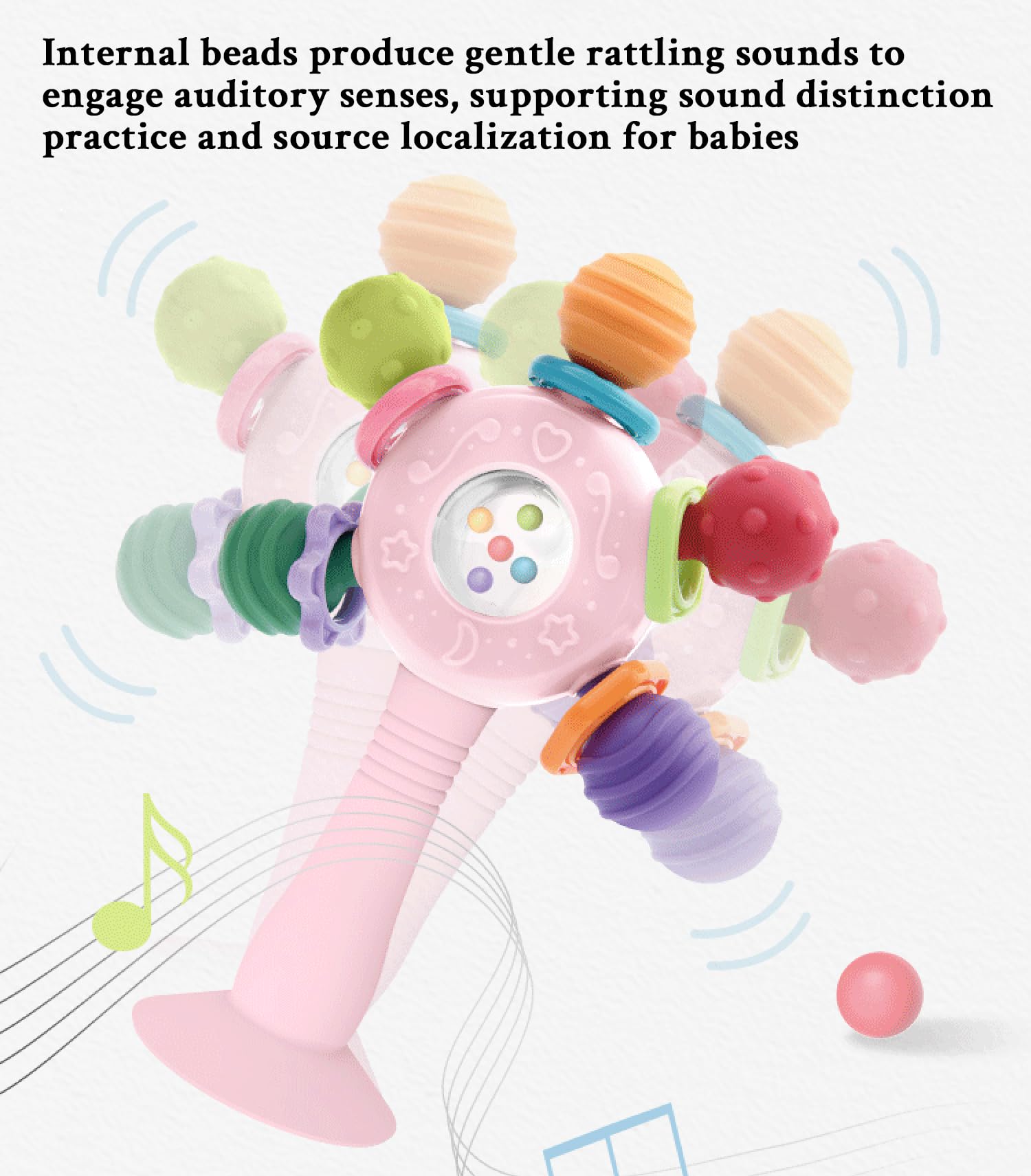 CNBESTFASHION Baby Teether Rattle Toy - 2-in-1 Food Grade Silicone with Suction Cup, Montessori Sensory Toy for 0-12 Months (Blue)