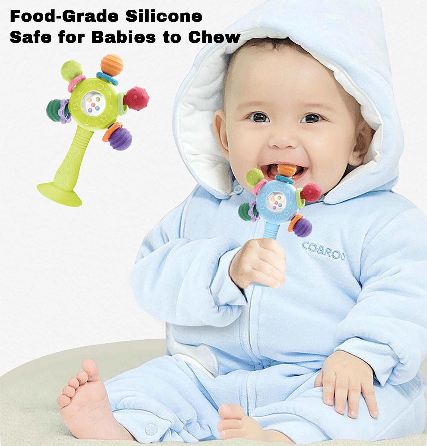CNBESTFASHION Baby Teether Rattle Toy - 2-in-1 Food Grade Silicone with Suction Cup, Montessori Sensory Toy for 0-12 Months (Blue)