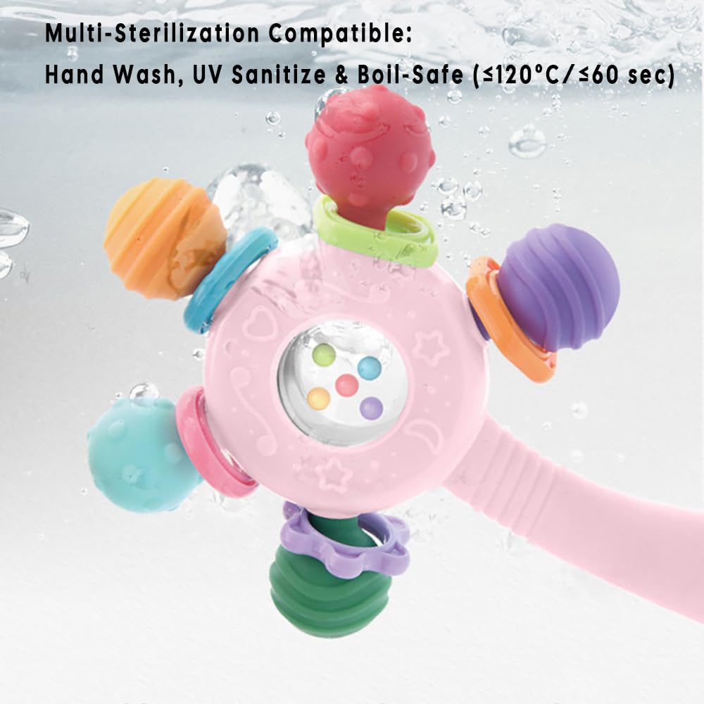 CNBESTFASHION Baby Teether Rattle Toy - 2-in-1 Food Grade Silicone with Suction Cup, Montessori Sensory Toy for 0-12 Months (Blue)