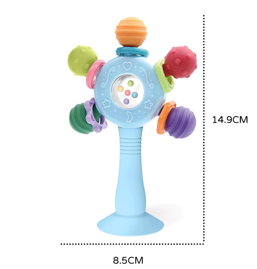 CNBESTFASHION Baby Teether Rattle Toy - 2-in-1 Food Grade Silicone with Suction Cup, Montessori Sensory Toy for 0-12 Months (Blue)