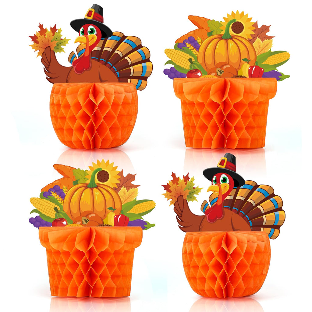 COCHIE 4-Pack Large Thanksgiving Honeycomb Centerpieces – Turkey & Pumpkin Fall Decor, 8x8.5 Inches, Reusable Paper Table Decorations