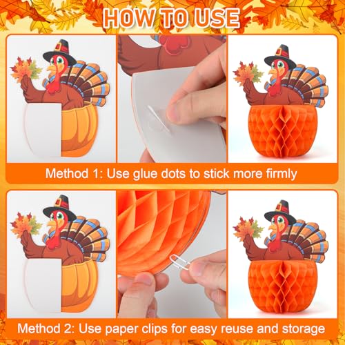 COCHIE 4-Pack Large Thanksgiving Honeycomb Centerpieces – Turkey & Pumpkin Fall Decor, 8x8.5 Inches, Reusable Paper Table Decorations