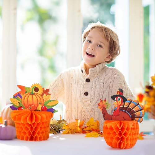 COCHIE 4-Pack Large Thanksgiving Honeycomb Centerpieces – Turkey & Pumpkin Fall Decor, 8x8.5 Inches, Reusable Paper Table Decorations