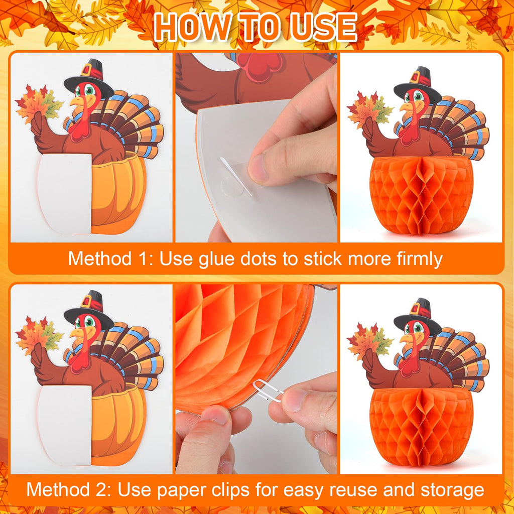 COCHIE 4-Pack Large Thanksgiving Honeycomb Centerpieces – Turkey & Pumpkin Fall Decor, 8x8.5 Inches, Reusable Paper Table Decorations