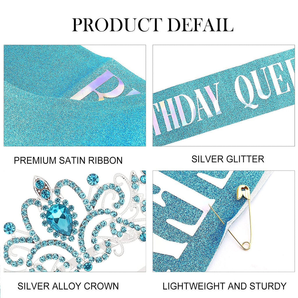 COCIDE Birthday Queen Sash & Crown Set – Blue Glitter Sash with Rhinestone Tiara for Women